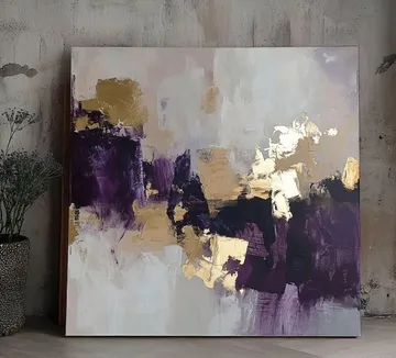Abstract painting with purple and gold tones.