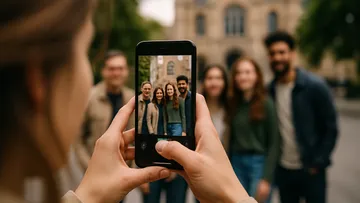 Person fotografiert Gruppe von Menschen im Freien.