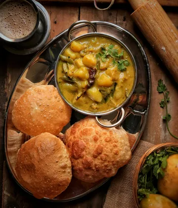 Indian meal with puris, curry, and chai on table.
