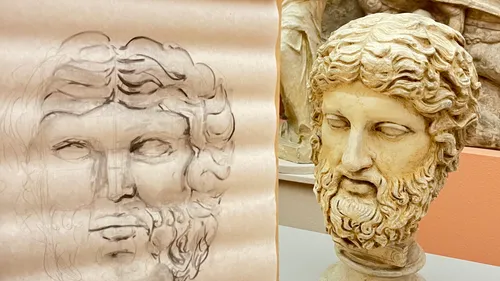 Sketch and sculpture of bearded man's head in museum.