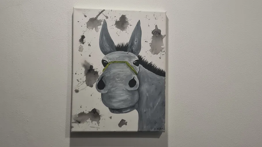 Painting of a gray donkey on canvas.