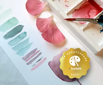 Aquarellpalette und Blütenblätter in einer Kunstszene.