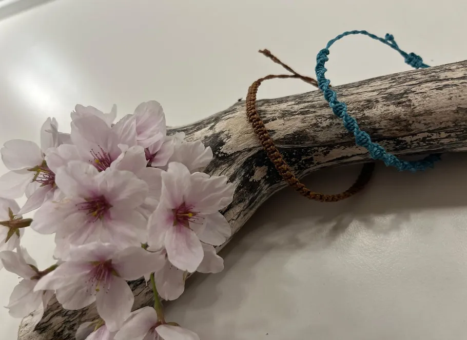 Blumen und Armbänder auf Treibholz, weißer Hintergrund.