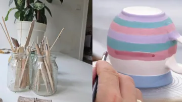 Tools in jars and painting colorful stripes on pottery.