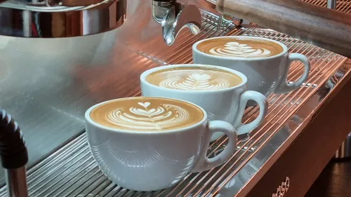 Three cappuccinos with latte art on counter.
