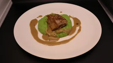 Grilled fish on green puree, with sauce.