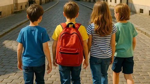 Four children walking down a cobblestone street.