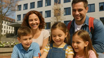 Family smiling outside modern building.