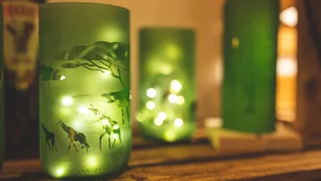 Green glass lantern with animal silhouettes glowing.