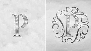Buchstabe P, links einfach, rechts verziert mit Wirbeln.