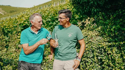 Zwei Männer stoßen mit Weingläsern im Weinberg an.