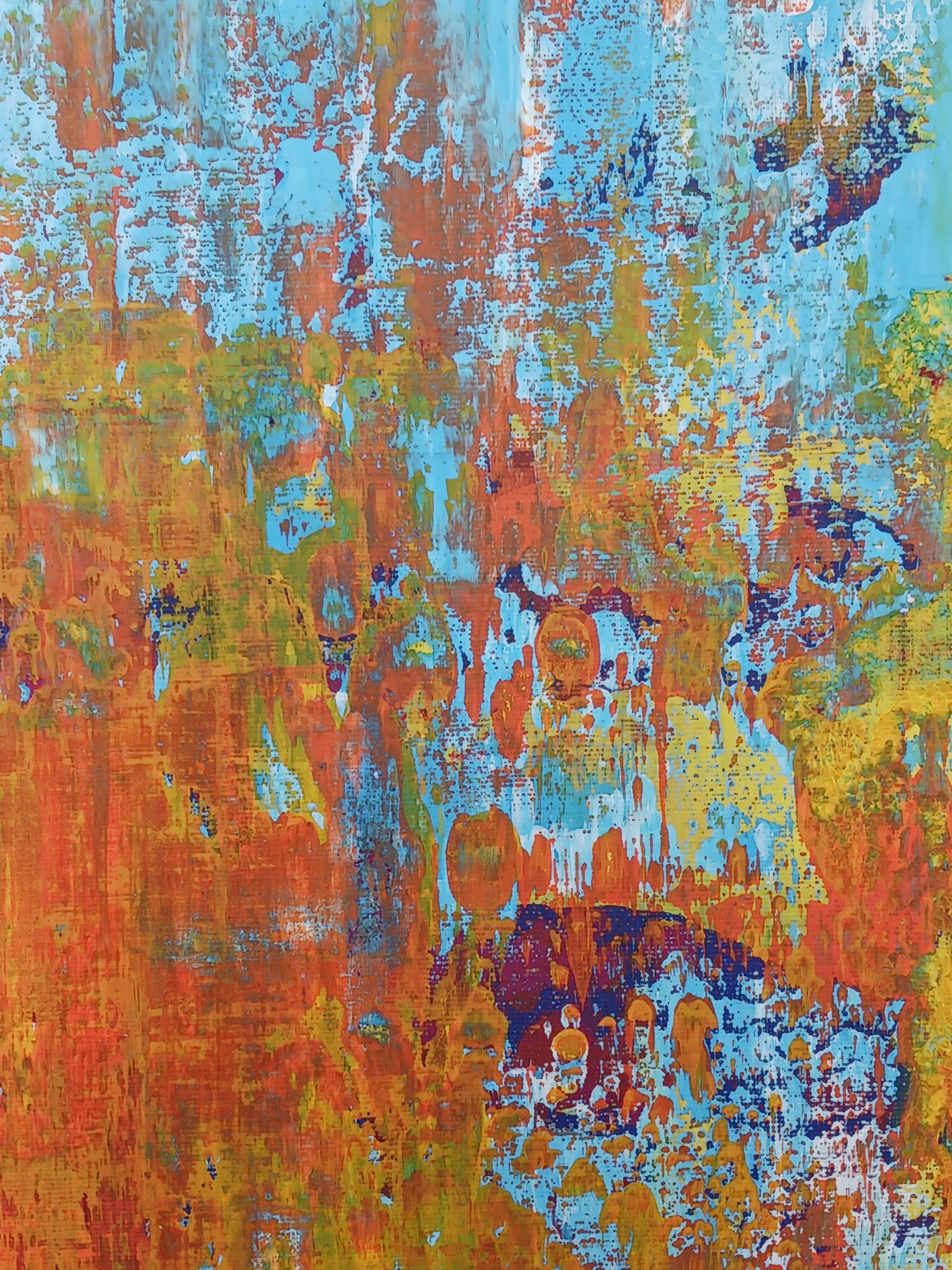 Abstraktes Gemälde mit blauen, orange und gelben Farben.