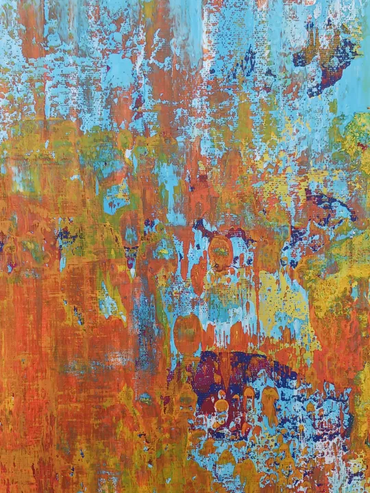 Abstraktes Gemälde mit blauen, orange und gelben Farben.