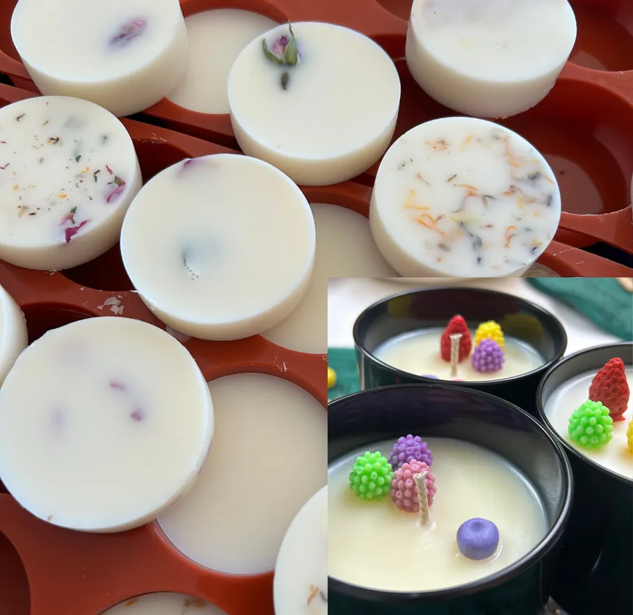 Handgemachte Kerzen mit Verzierungen.