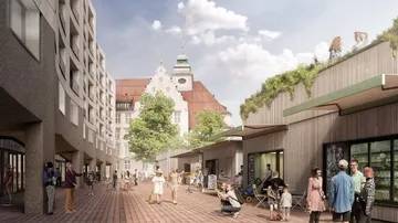 People walking in vibrant urban marketplace.