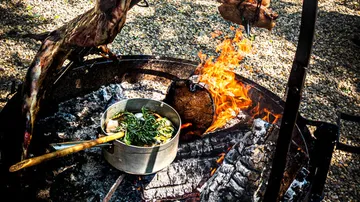 Outdoor cooking with fire pit and food.