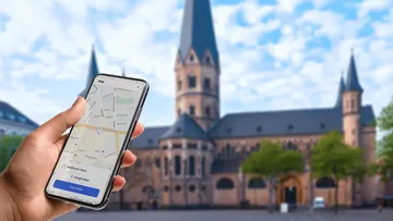 Hand hält Telefon mit Karte bei Kirche.