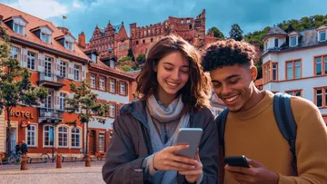 Two people use phones, historic building background.