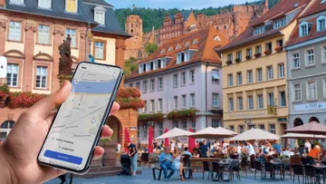 Hand holds phone, showing map in outdoor café.