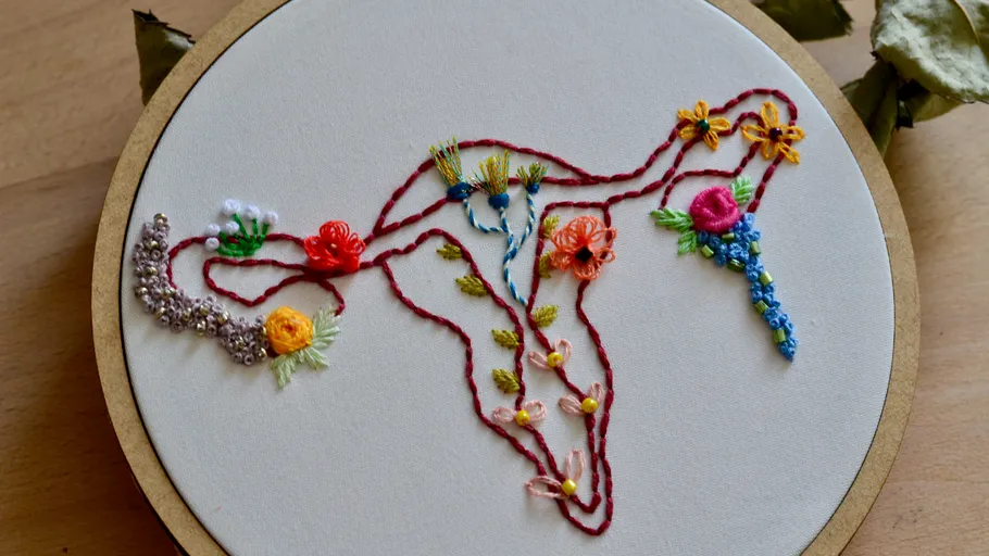 Embroidery of uterus with colorful flowers.