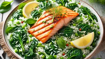 Grilled salmon on rice with spinach and lemon.