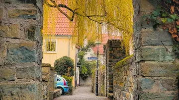 Weg zwischen Steinmauern mit gelbem Laub.