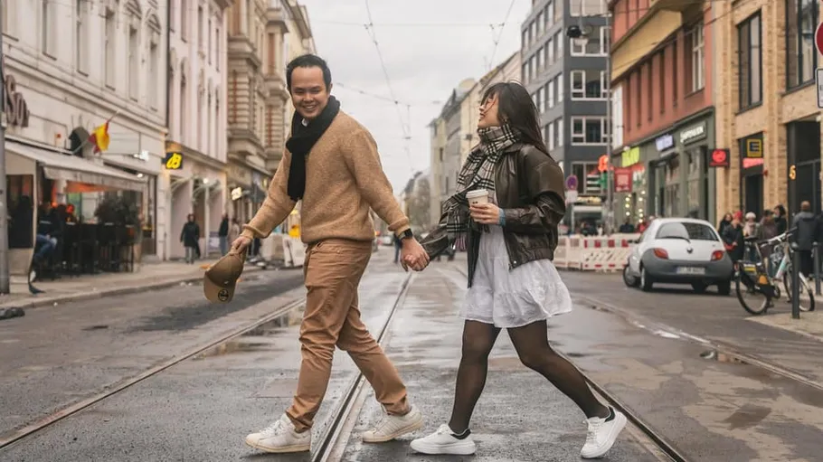 Couple holding hands, crossing city street.