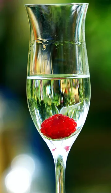 Glas mit Wasser und Himbeere, verschwommener Hintergrund.