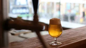 Glass of beer on a wooden counter.