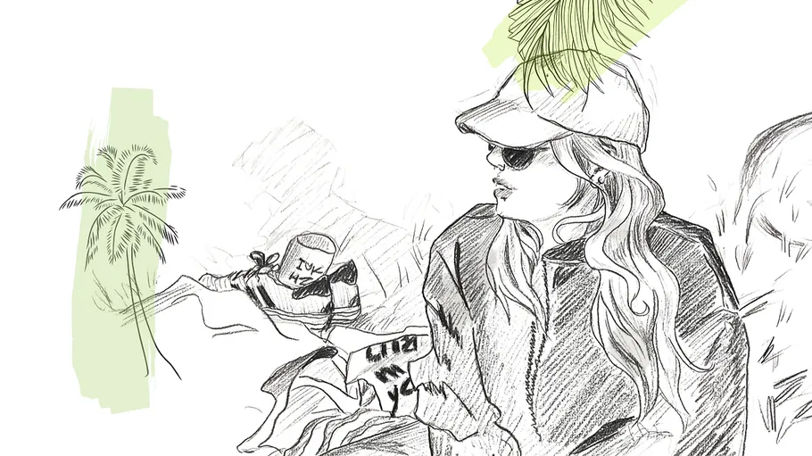 Sketch of woman in cap and sunglasses, palm trees.