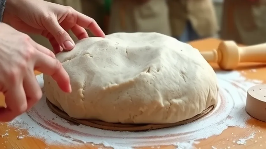 Hände formen Teig auf bemehltem Tisch.