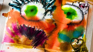 Abstract colorful painting with eye-like shapes.