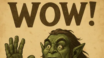 Grüner Troll mit erhobener Hand, Text 'WOW!' darüber.
