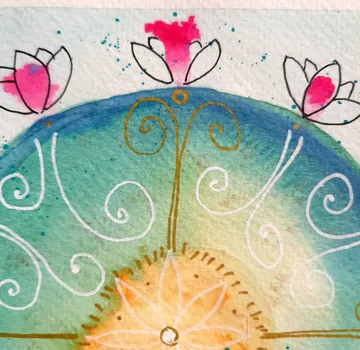 Abstract watercolor with floral patterns and swirls.