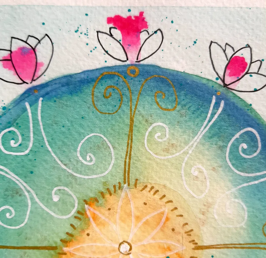 Abstrakte Aquarellmalerei mit Blumenmustern und Wirbeln.