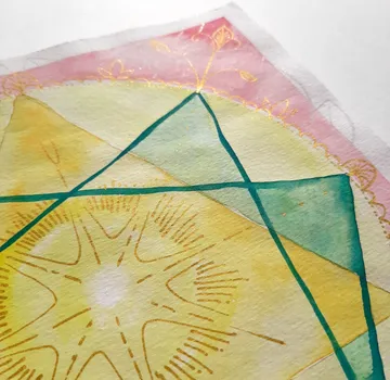 Abstract geometric watercolor with overlapping shapes.