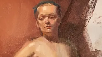 Painting of a person, brown background.