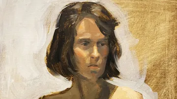 Portrait painting of a woman with short hair.