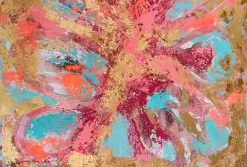 Abstraktes Gemälde mit Gold, Pink und Türkis.