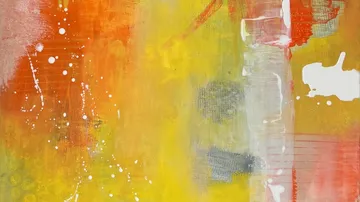 Abstract art with orange, yellow, white splashes.