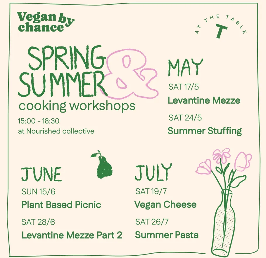 Cooking workshops schedule with floral illustration.