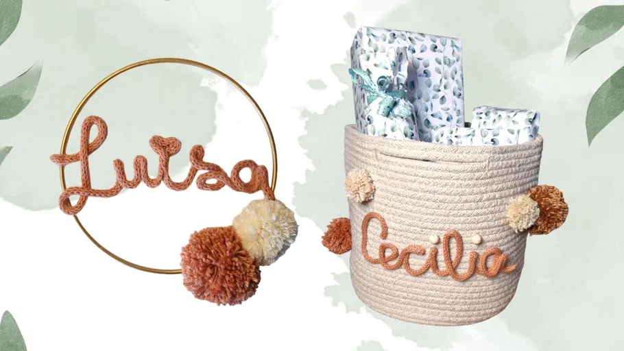 Decorative wreath and basket with names, pom-poms.