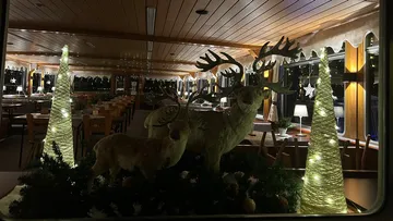 Rentierfiguren mit Lichtern im Bootsinneren.