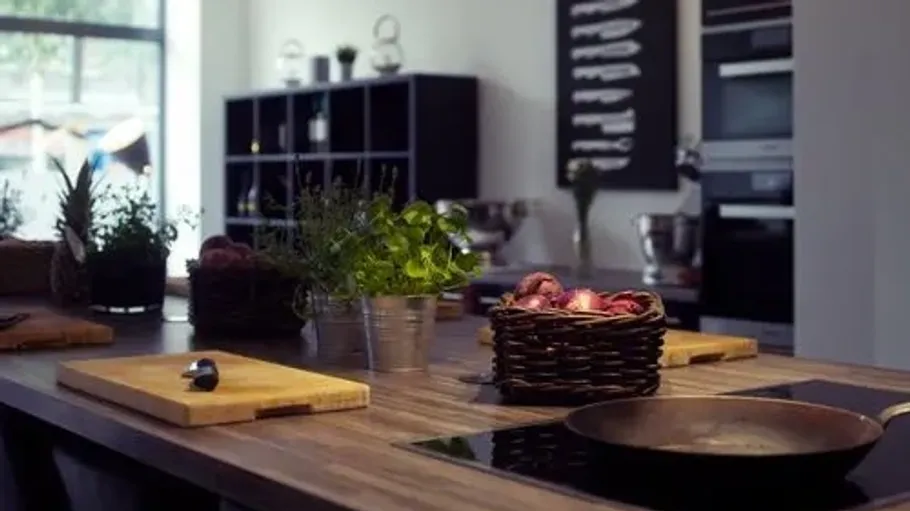 Modern kitchen with herbs on wooden counter.