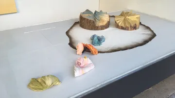 Sculpted fabric pieces and wooden stumps displayed indoors.