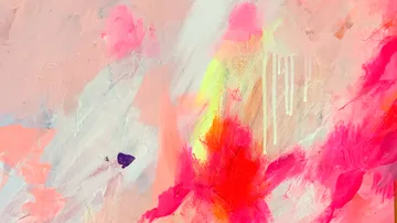 Abstraktes Gemälde mit lebhaften Pink- und Gelbtönen.