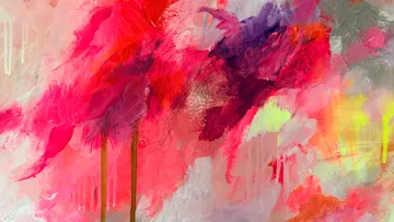 Abstraktes Gemälde mit lebhaften Pink- und Rottönen.