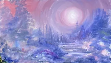 Winterlandschaft mit rosa Himmel, leuchtende Sonne.
