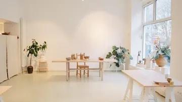 Minimalist studio with tables and plants.