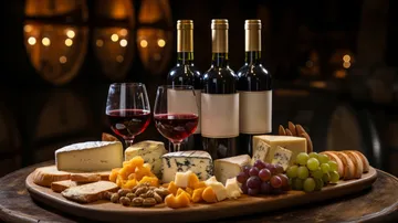 Wine and cheese platter on wooden table.